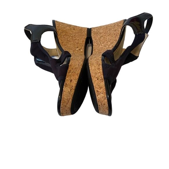 Adrienne Vittadini Black Cloth & Patent Leather Peep Toe Cork Wedge Heels. - Picture 5 of 6